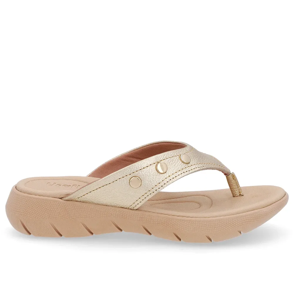 Chinelo Baixo Couro Ouro Enfeite Rebite