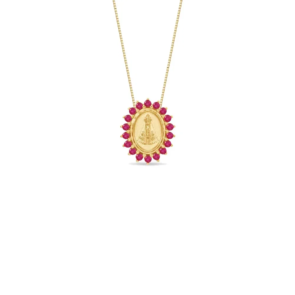 Pingente Medalha N.Sra. Aparecida em Ouro Rosé 18k com Rubis, 12mm — imagem 1