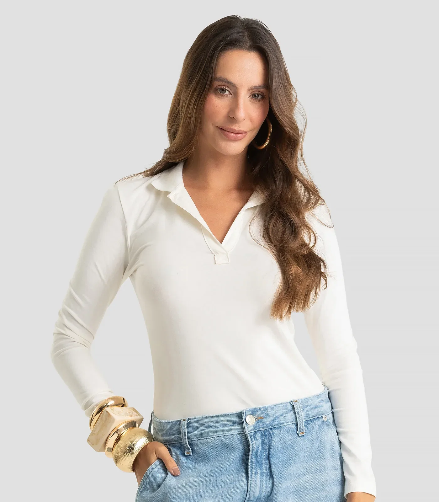 Polo Manga Longa Feminina Cotton Leve Dianna Bege