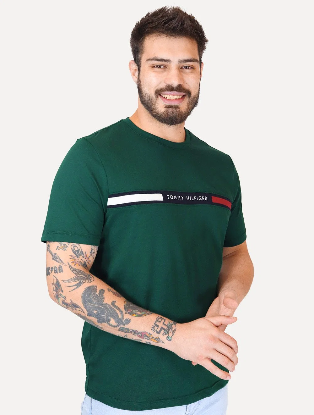 Camiseta Tommy Hilfiger Masculina Chest Insert Logo Verde Escura — imagem 1