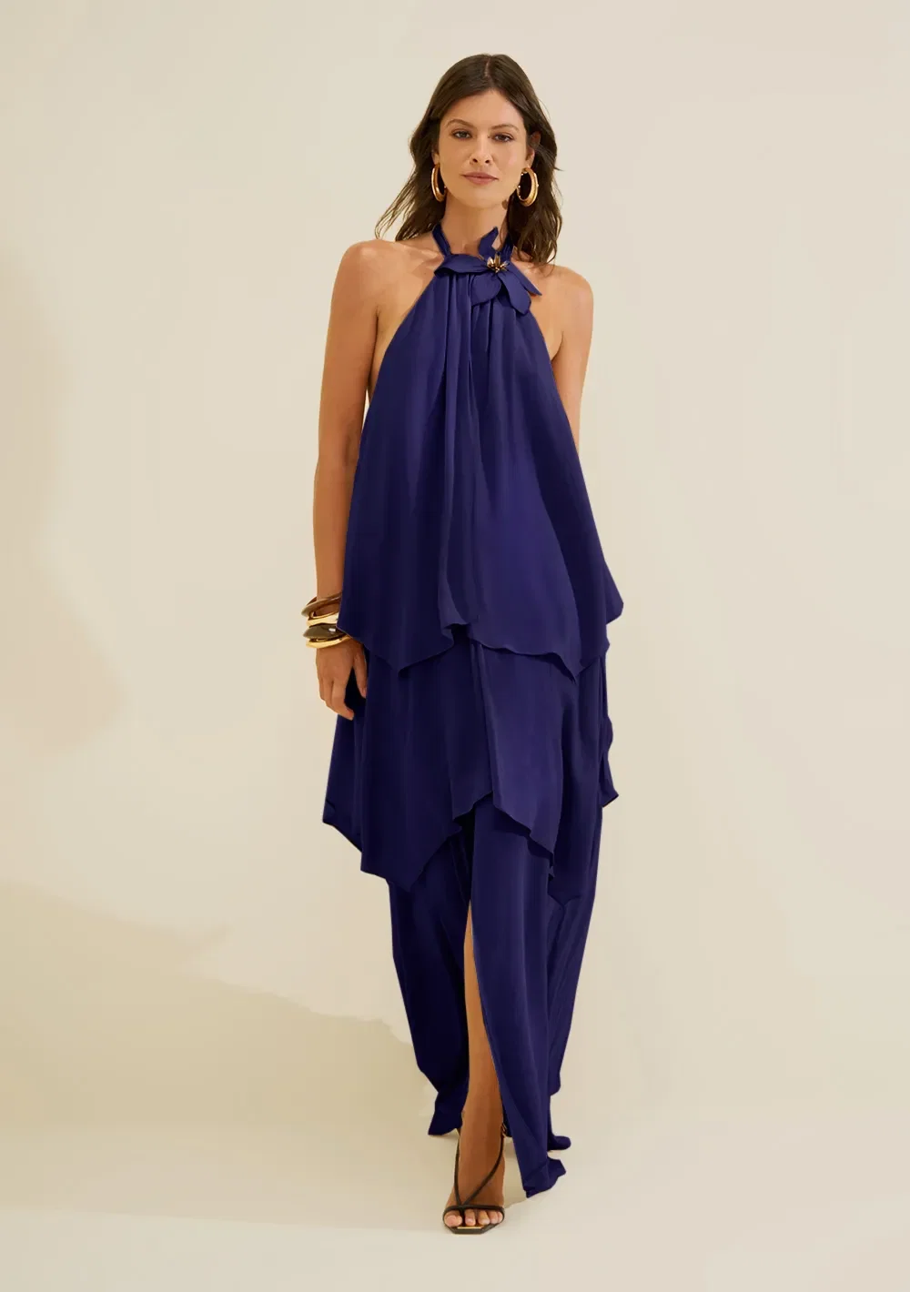 Vestido Gola Alta Aéria Azul Escuro