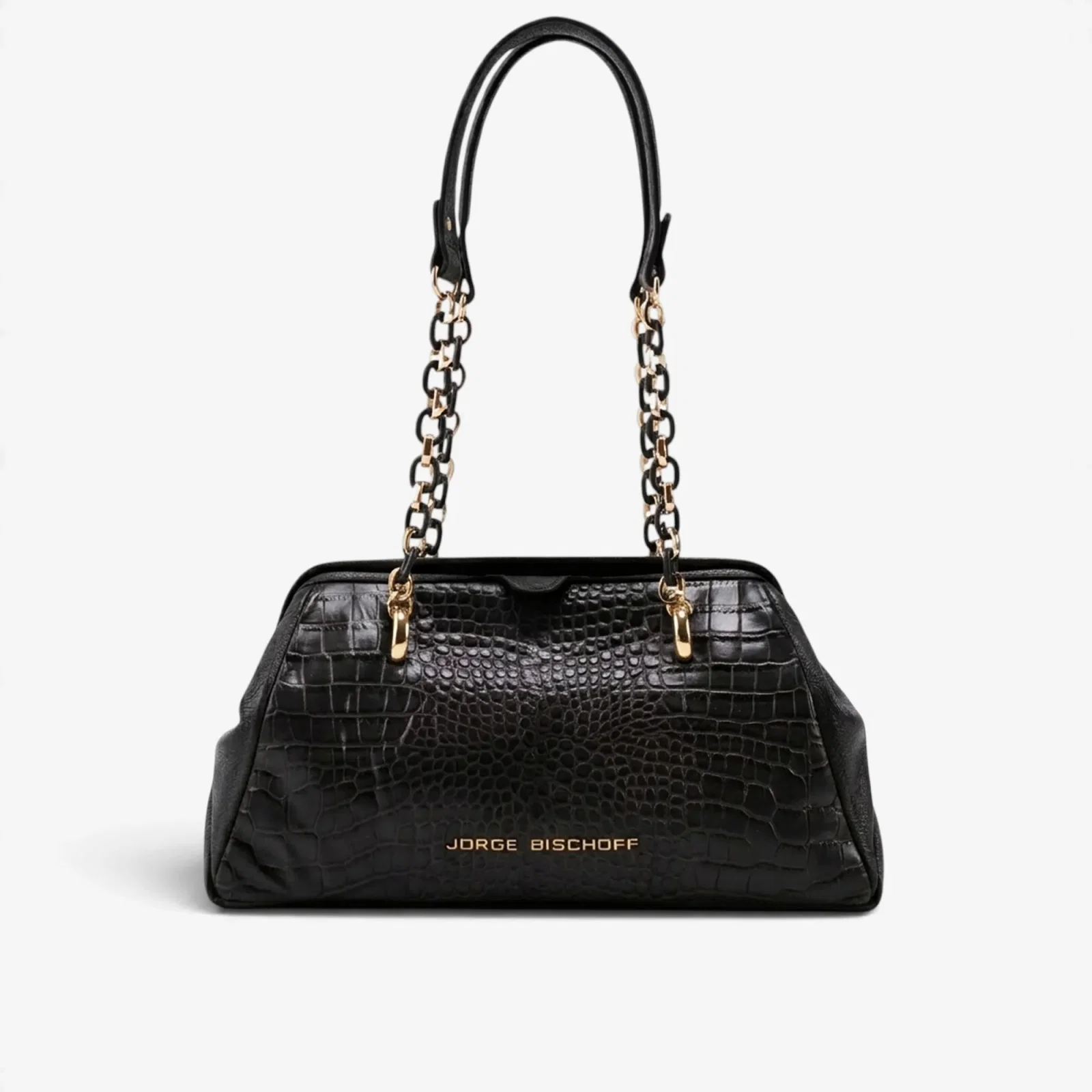 Bolsa De Ombro Preto Couro Croco