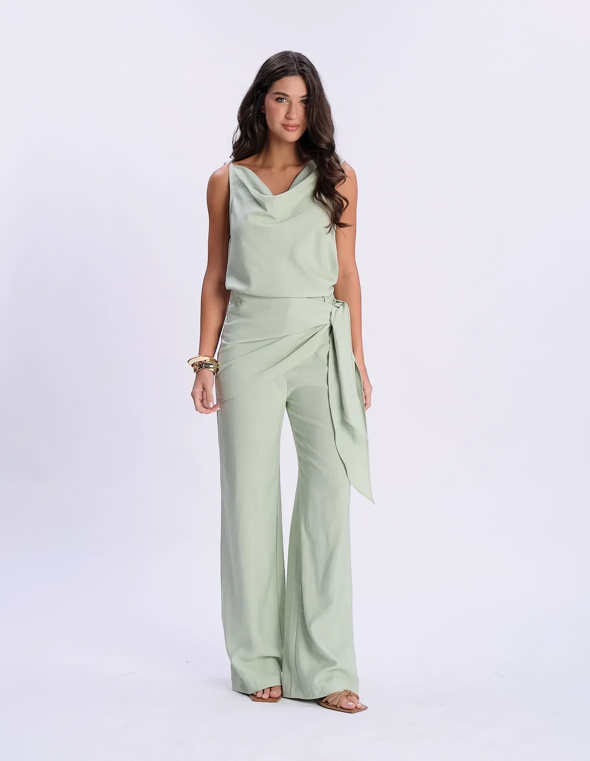 Calça Pantalona Detalhe Lenço Amarração - Verde — imagem 1