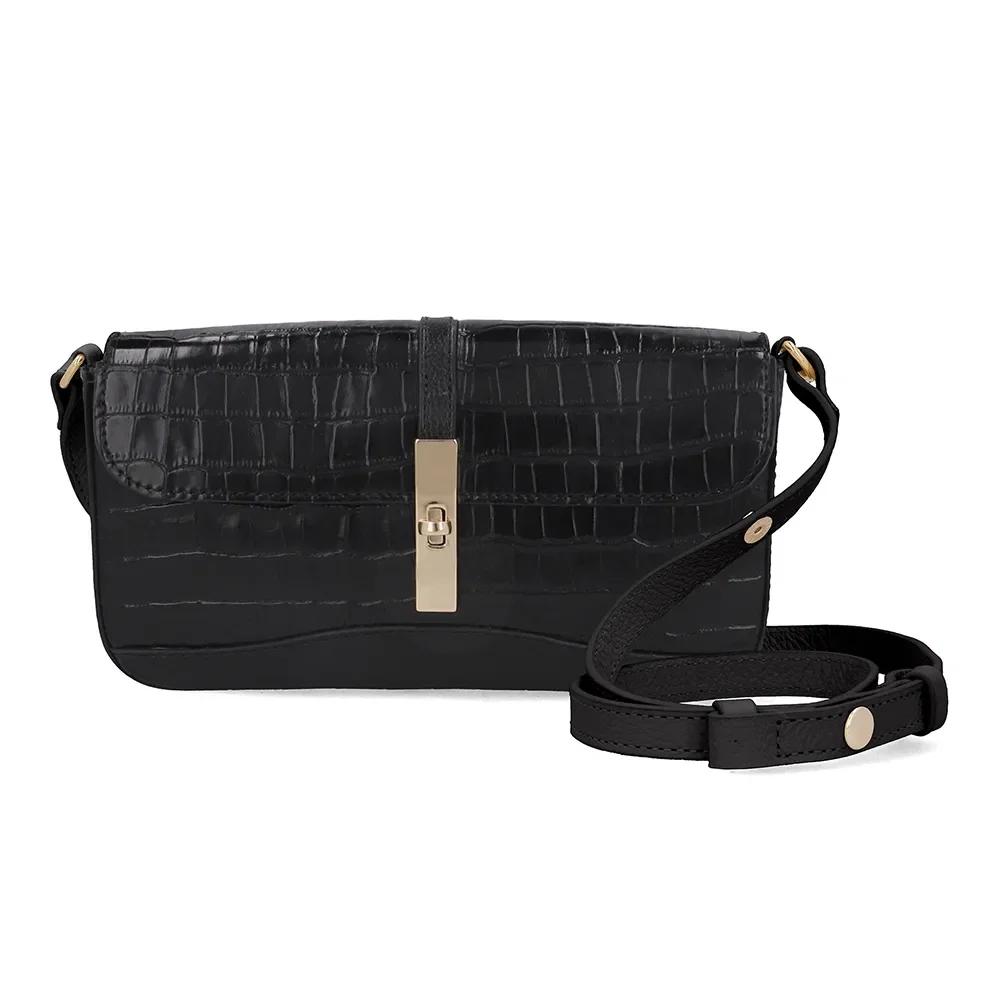Bolsa Clutch Couro Croco Preto Alça Transversal