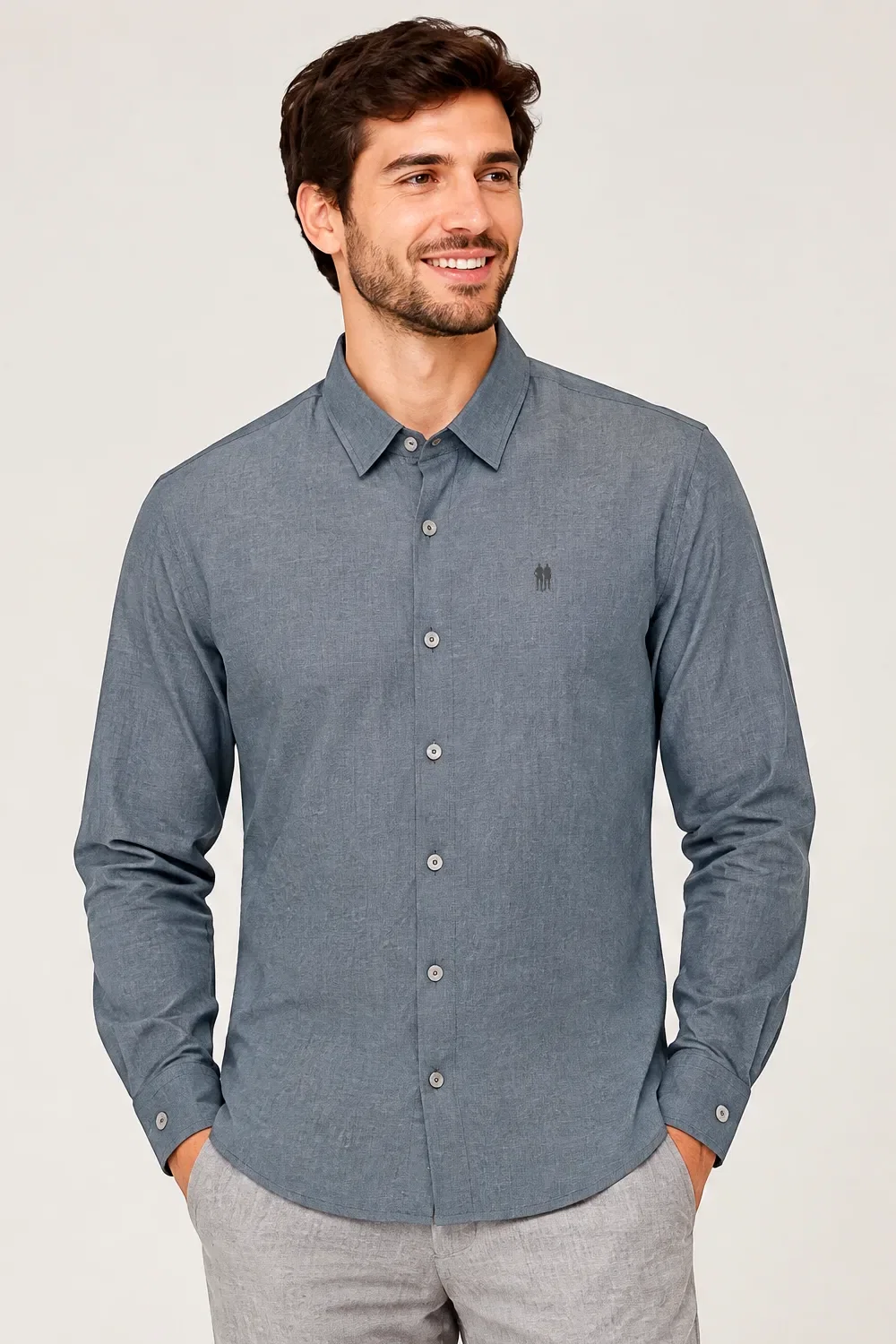 Camisa Masculina Manga Longa Polo Wear Cinza Escuro