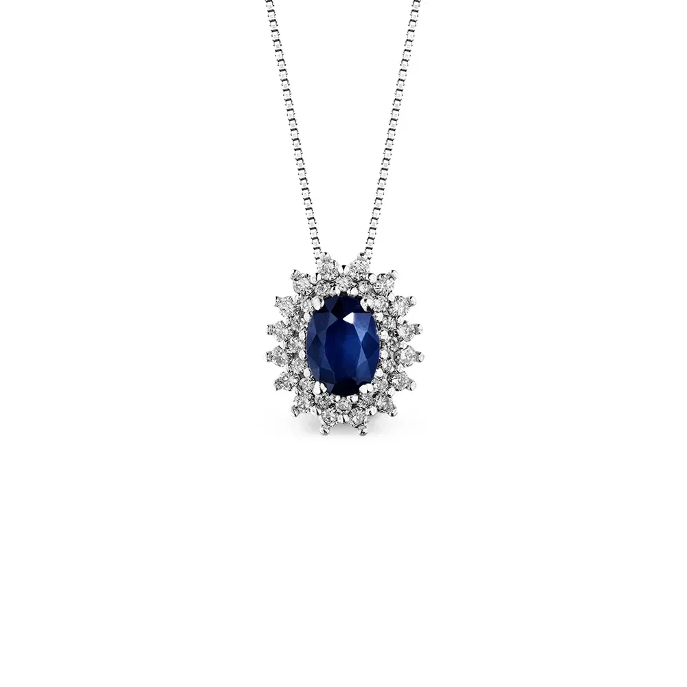 Pingente Clássico em Ouro Branco 18k com Safira Azul e Diamantes, 13mm — imagem 1