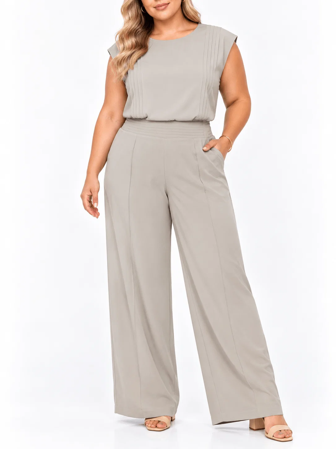 Calça Pantalona Cós Pespontos - Areia — imagem 1