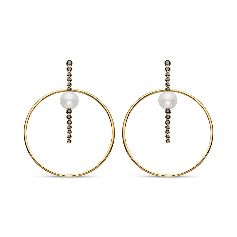 Brinco Una em Ouro Amarelo 18k com Pérolas e Diamantes Negros — imagem 1