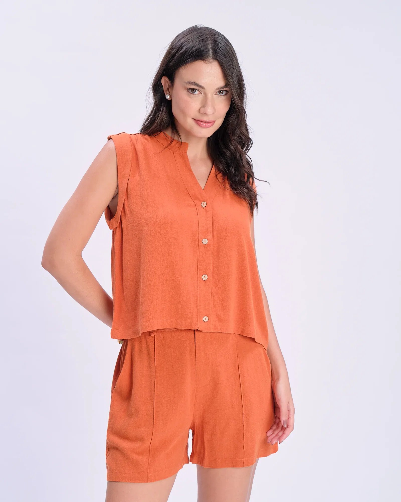 Blusa Linho Manga Japonesa Botões - Terracota — imagem 1