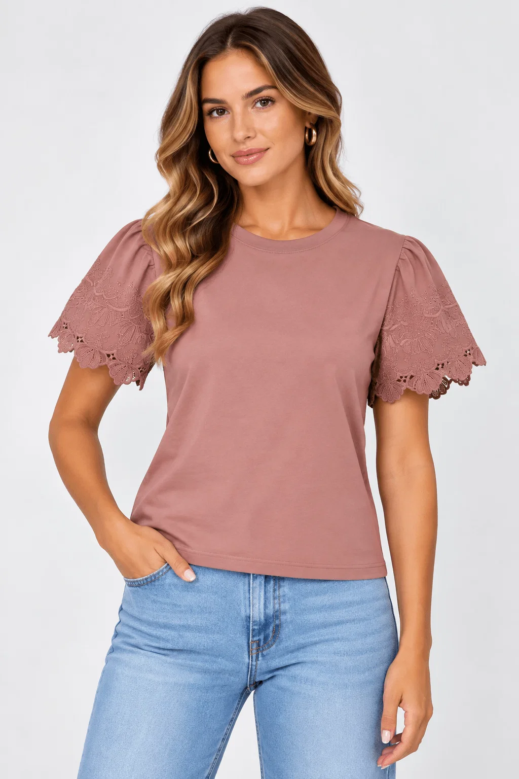 Blusa Manga Curta Renda Barrada - Rosa