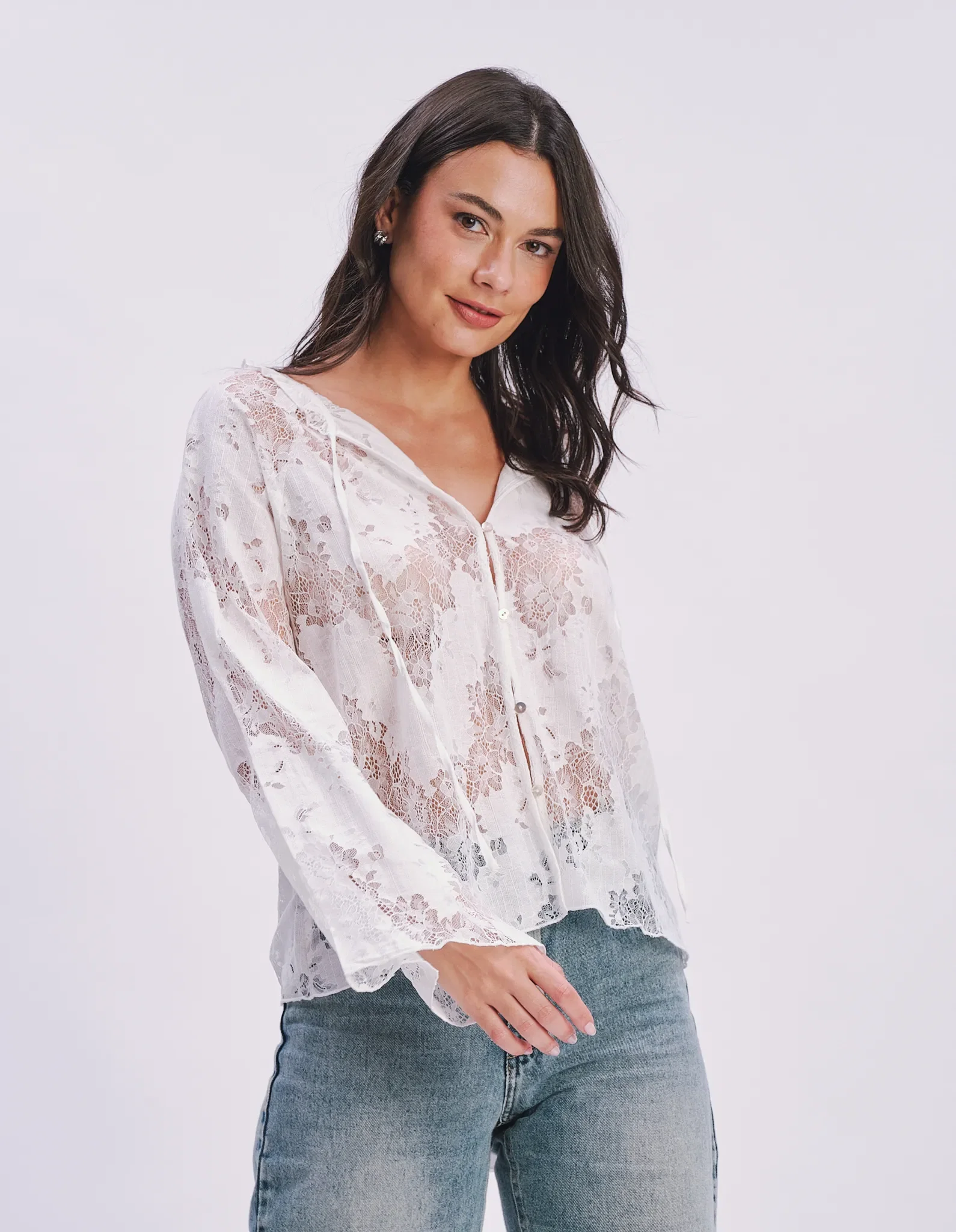 Blusa Manga Longa Rendada - Branco