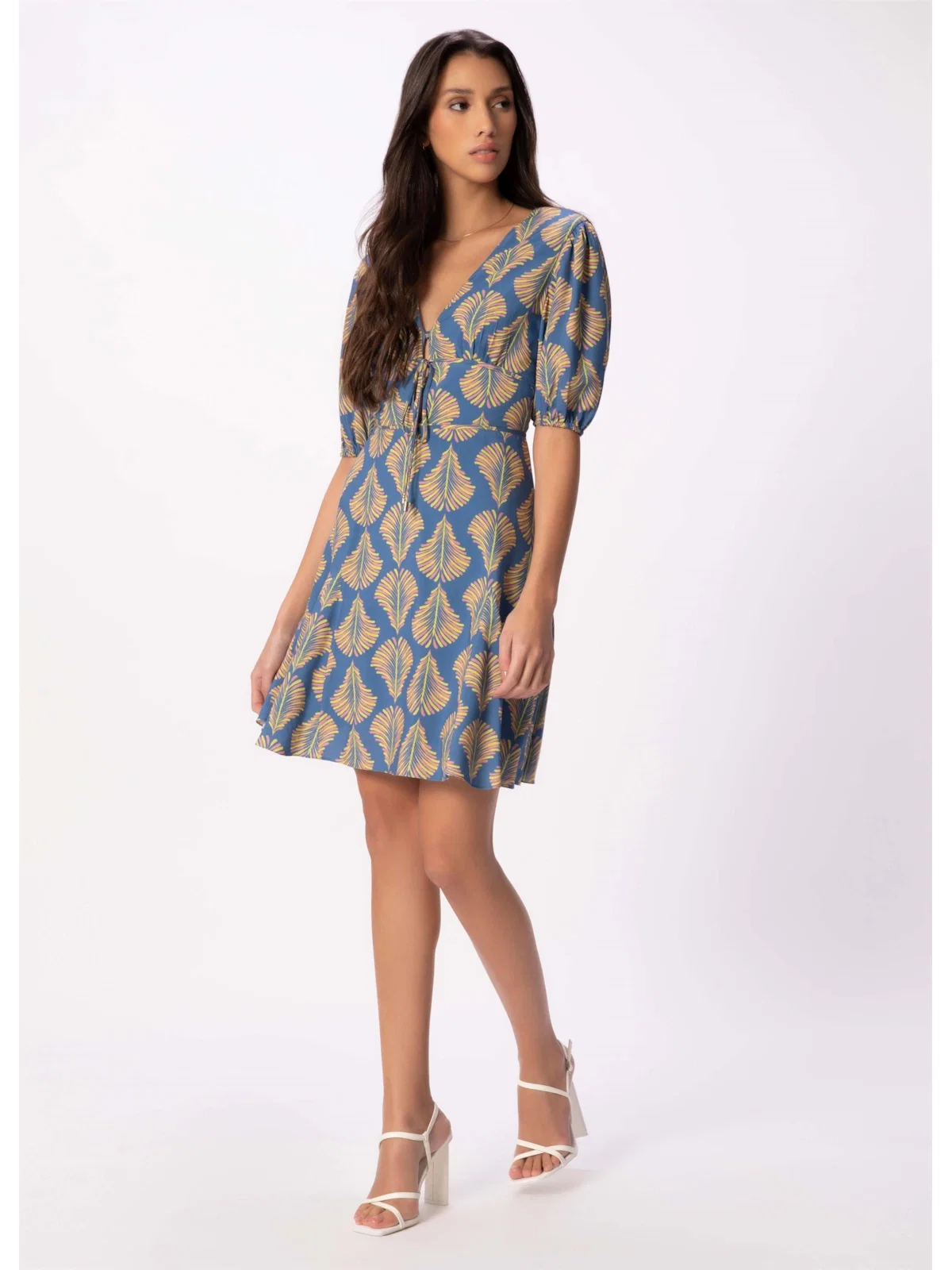 Vestido Palms Manga Curta Nesgas Azul Bic