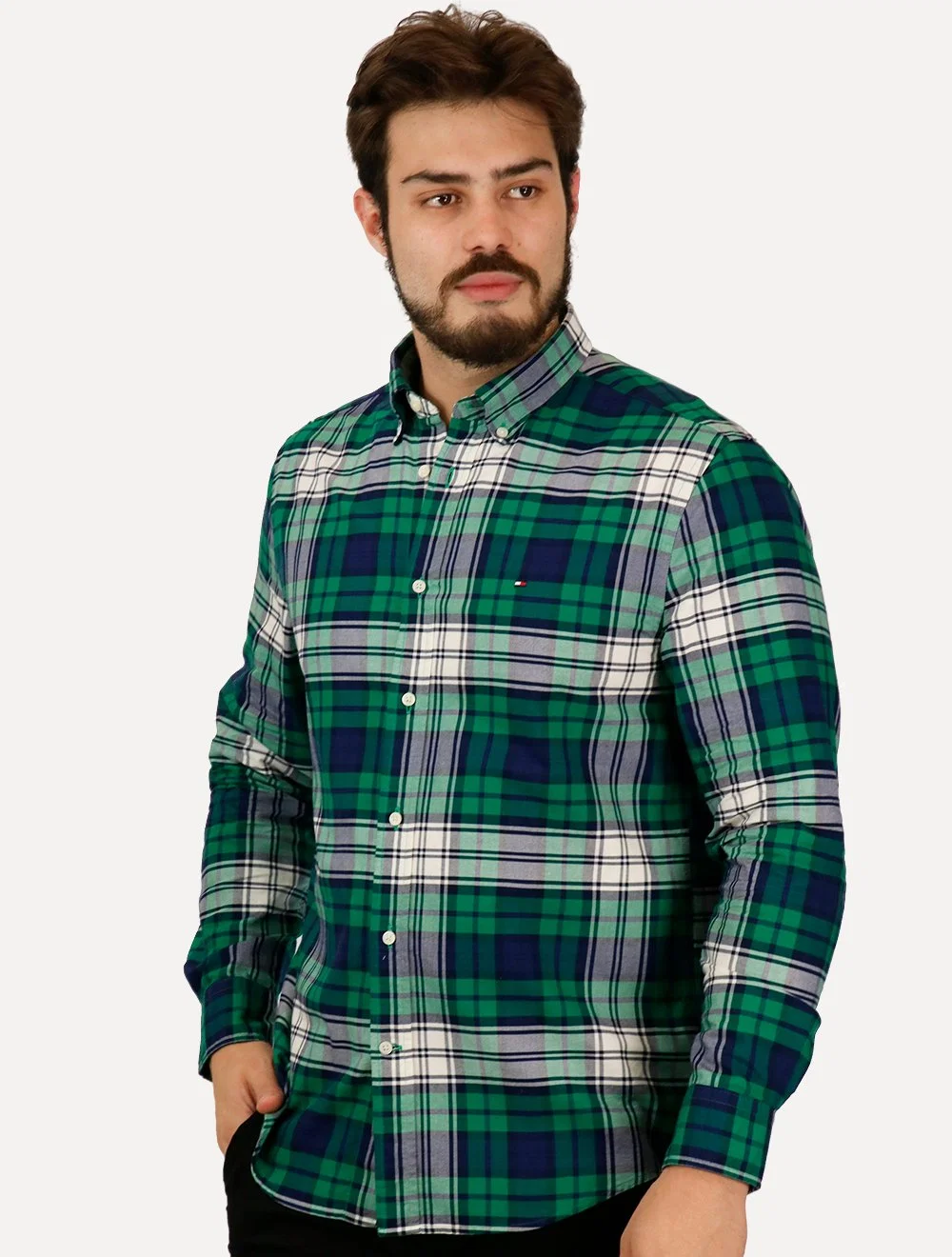 Camisa Tommy Hilfiger Masculina Regular Oxford Xadrez Tartan Verde — imagem 1