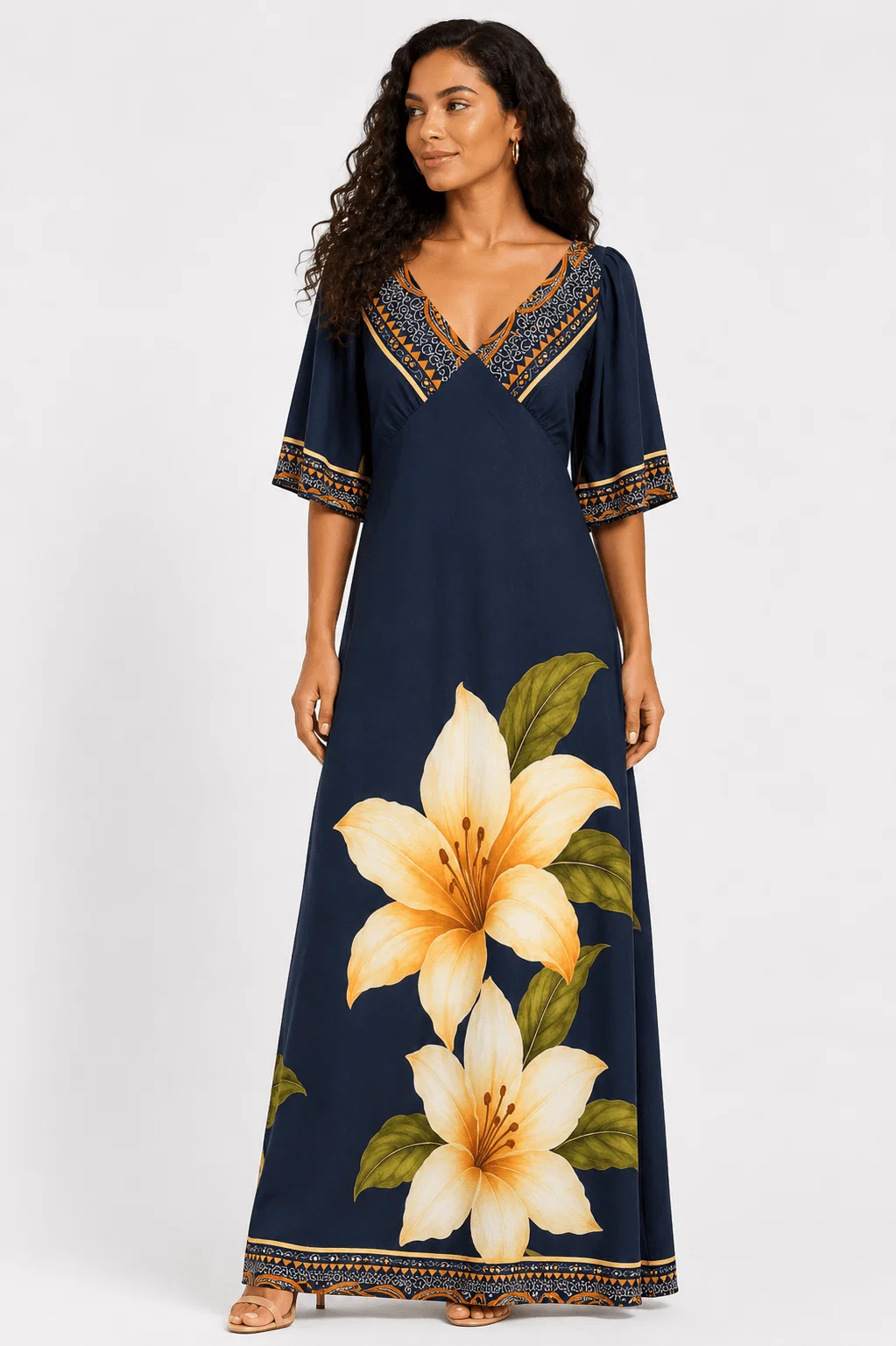 Vestido Longo Estampado Lírio Solar - Azul Marinho — imagem 1