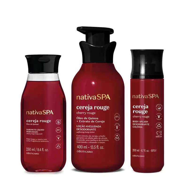 Combo Nativa SPA Cereja Rouge: Loção Corporal 400ml + Sabonete Líquido 250ml + Body Splash 200ml