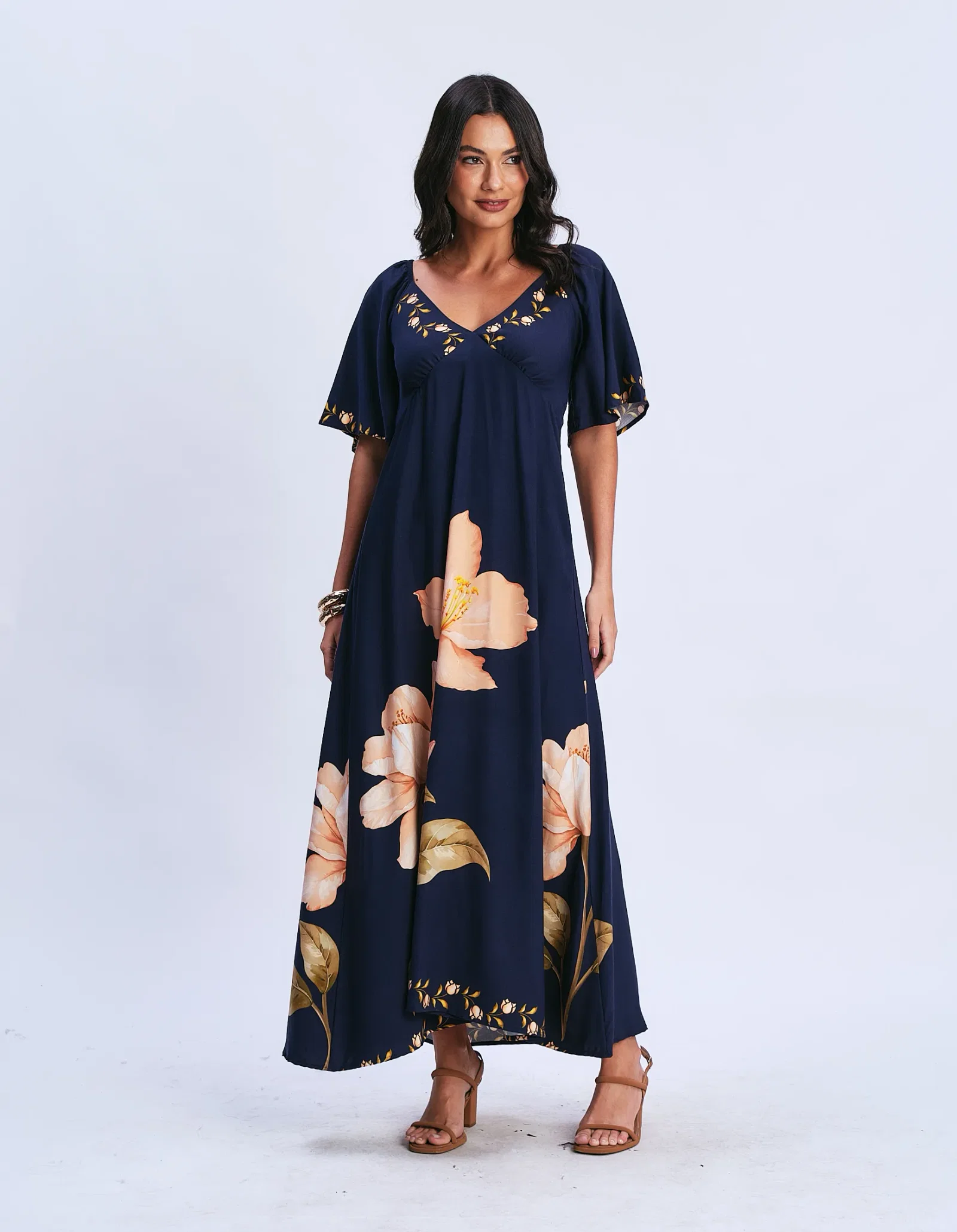 Vestido Longo Estampado Floral Hibisco - Azul Marinho