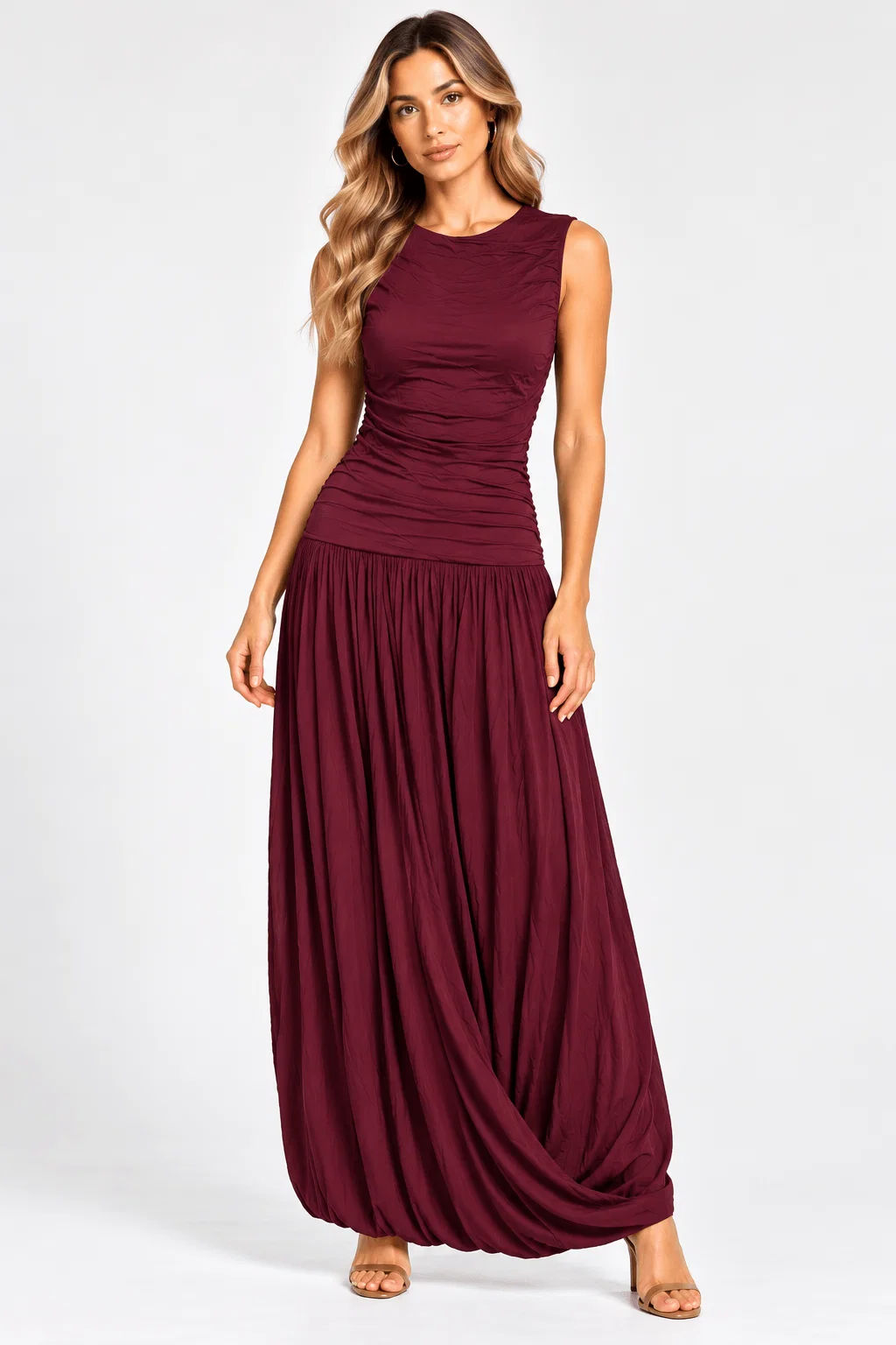 Vestido Longo Drapeado Balonê - Marsala