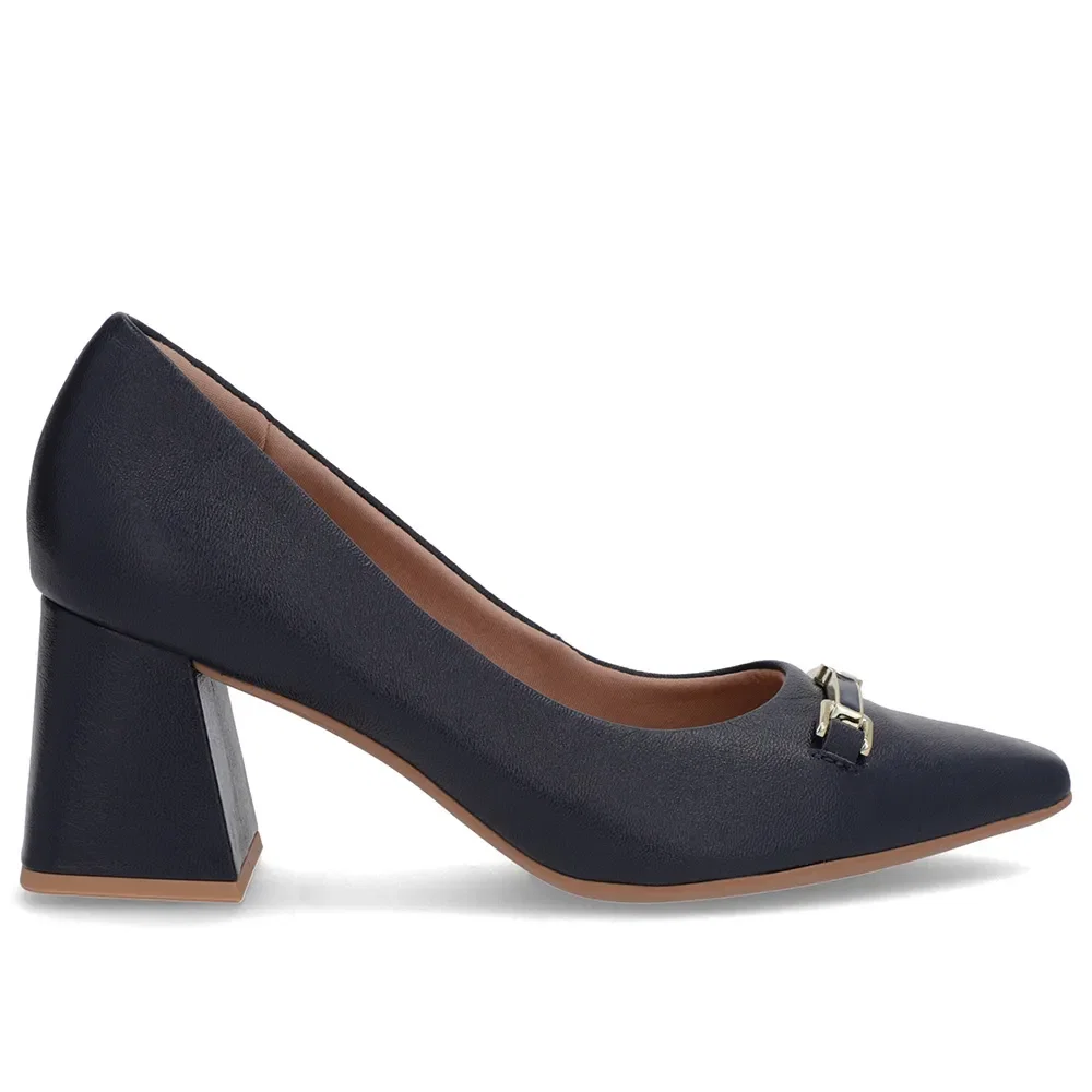 Scarpin Azul Couro Bico Fino Detalhe Geométrico