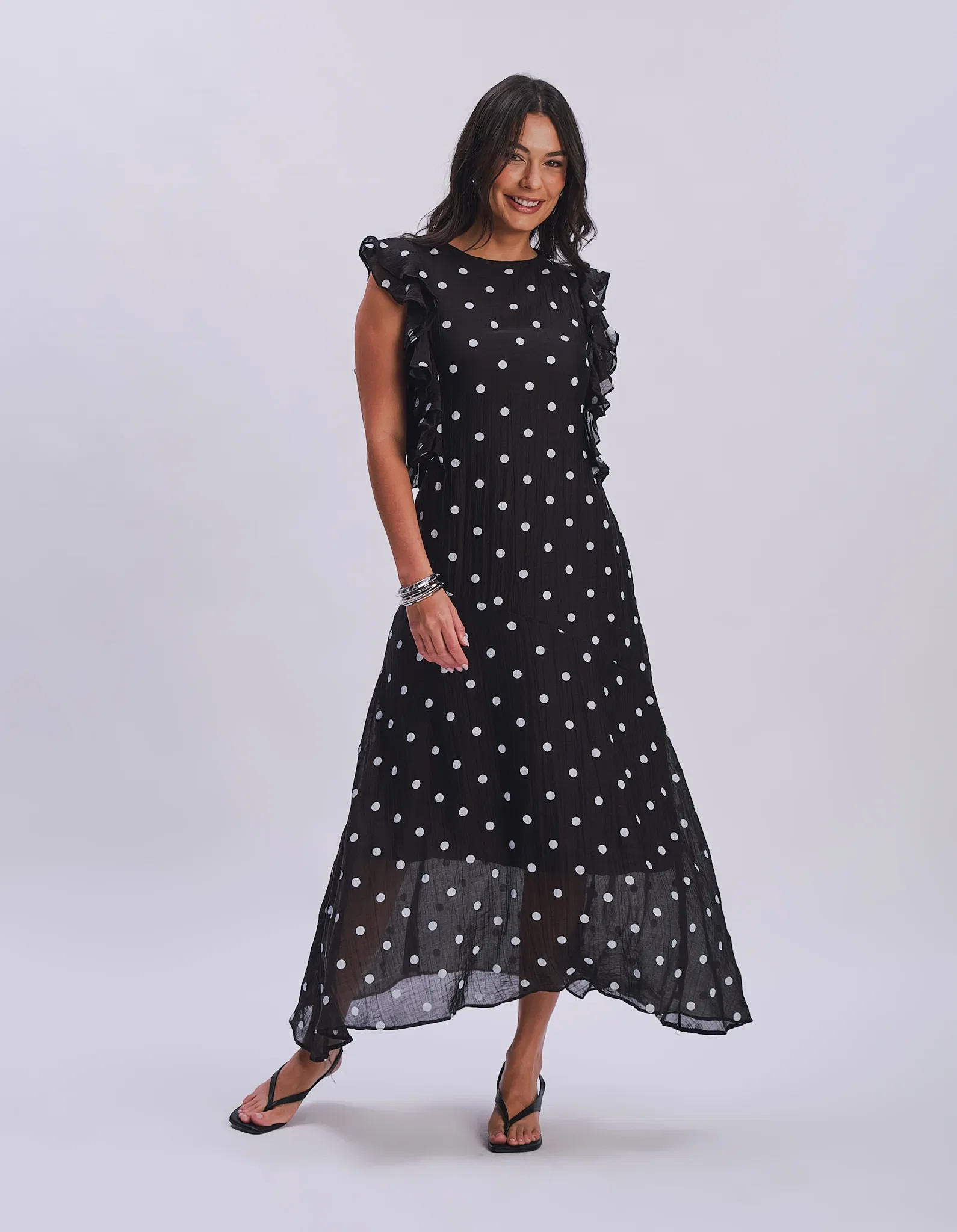 Vestido Midi Manga Curta Poá - Preto