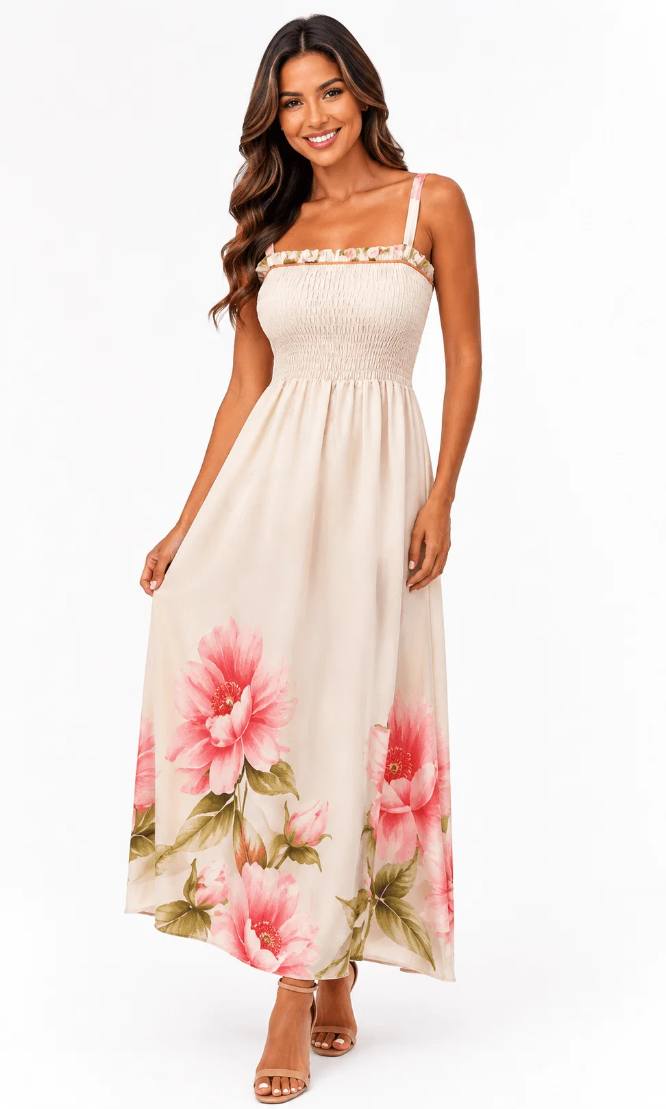 Vestido Lastex Estampado Floral Jardim - Areia Com Rosa — imagem 1