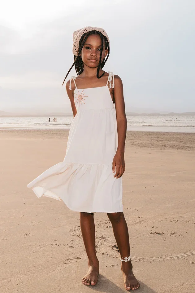 Vestido Infantil Midi em Algodão Texturizado Natural