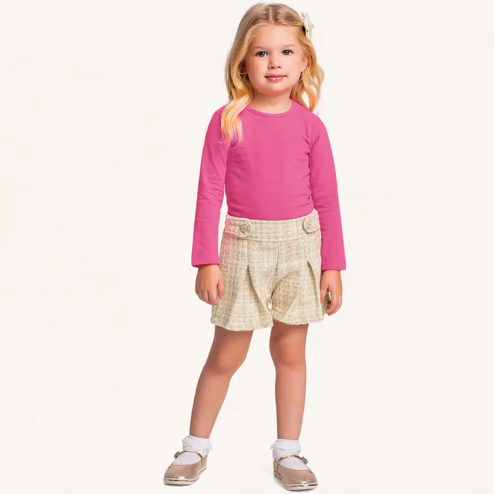 Conjunto blusa manga longa em cotton e short em Tweed