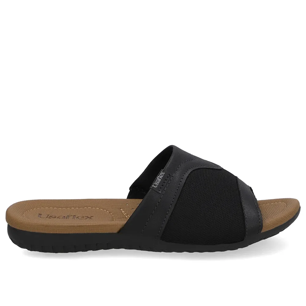 Tamanco Slide Couro Preto Lateral Tecido — imagem 1