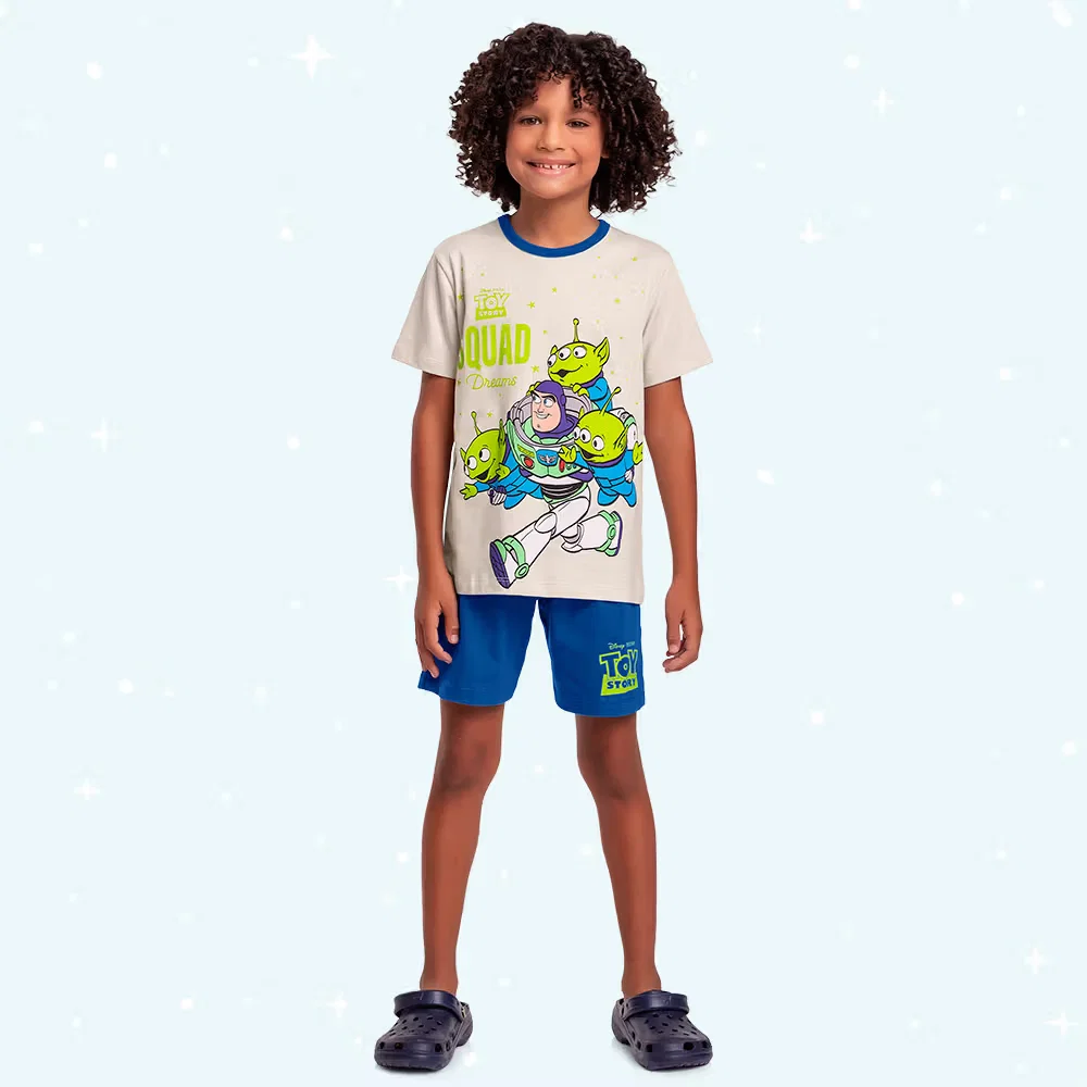 Conjunto pijama infantil camiseta e bermuda Toy Story