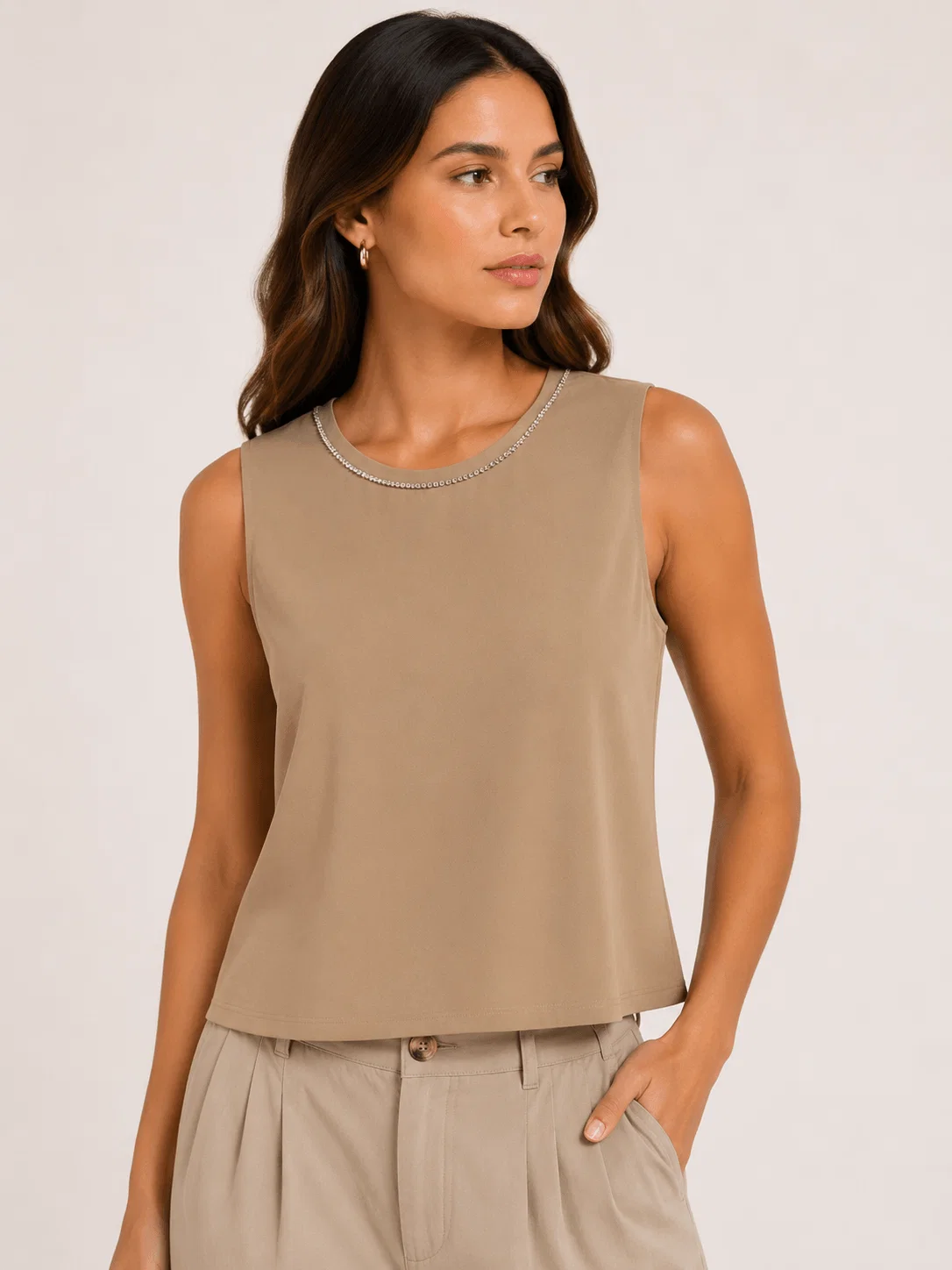 Blusa Sem Manga Detalhe Gola - Caqui — imagem 1