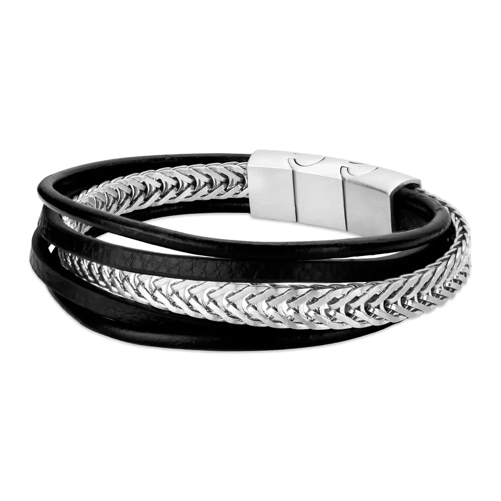 Pulseira Life em Couro XIII Preto com Aço — imagem 1