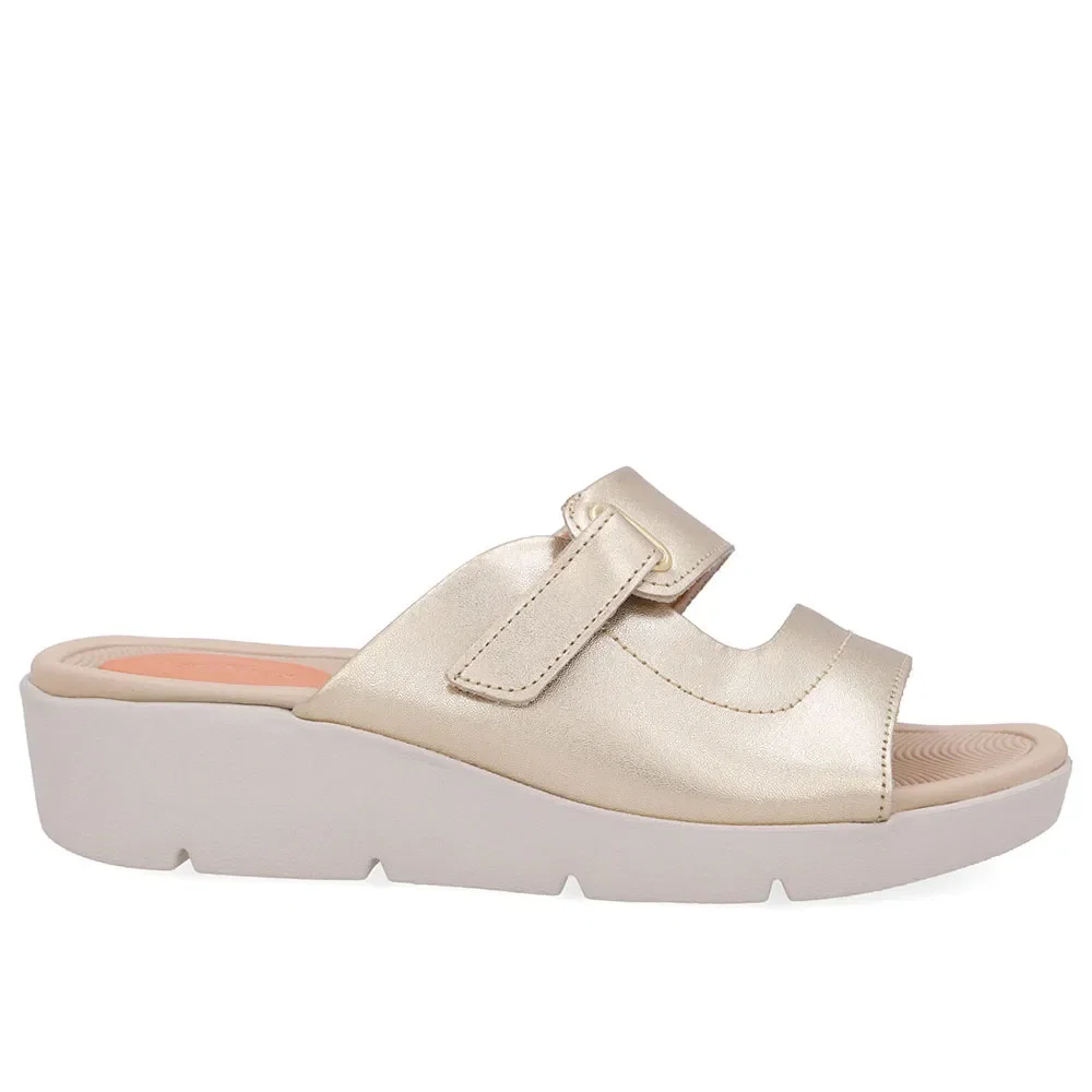 Tamanco Salto Plataforma Couro Dourado Fecho-Flex — imagem 1