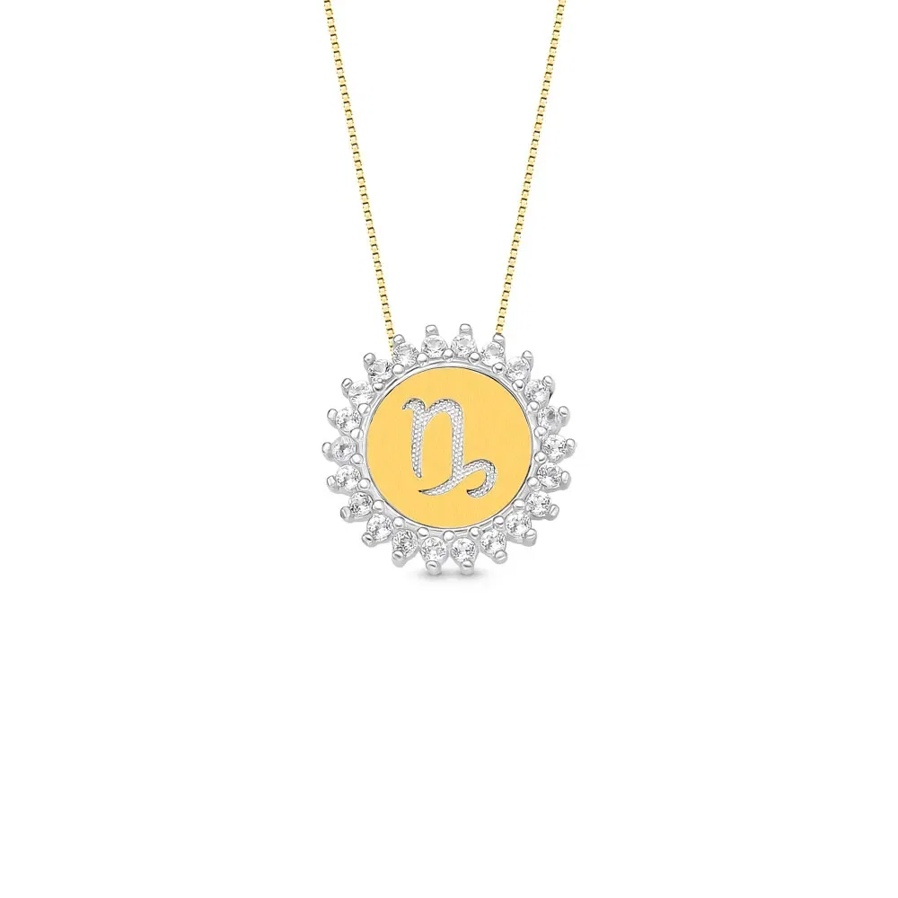 Pingente Medalha Signo Capricórnio em Prata 925 e Ouro Amarelo 18k com Topázios Incolores, 15.4mm — imagem 1