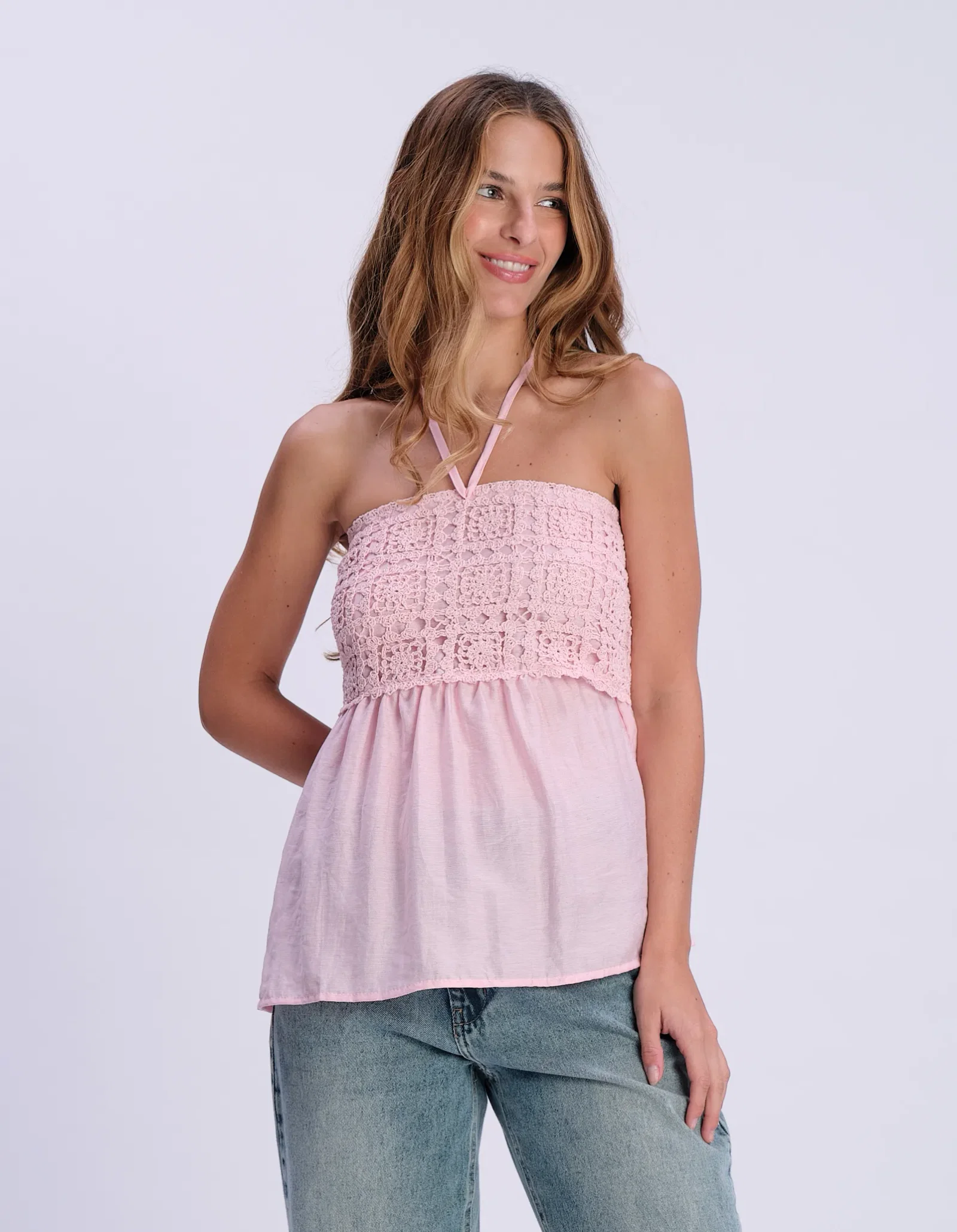 Blusa Frente Única Detalhe Crochê - Rosa — imagem 1
