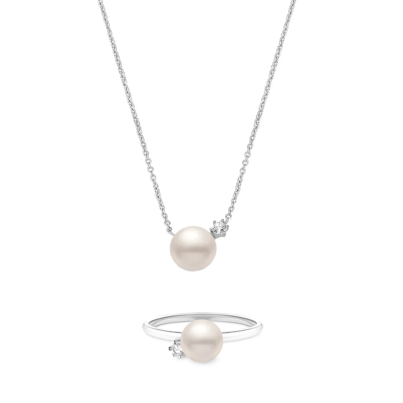 Conjunto Anel + Colar em Prata 925 Pérola e Topázio Incolor