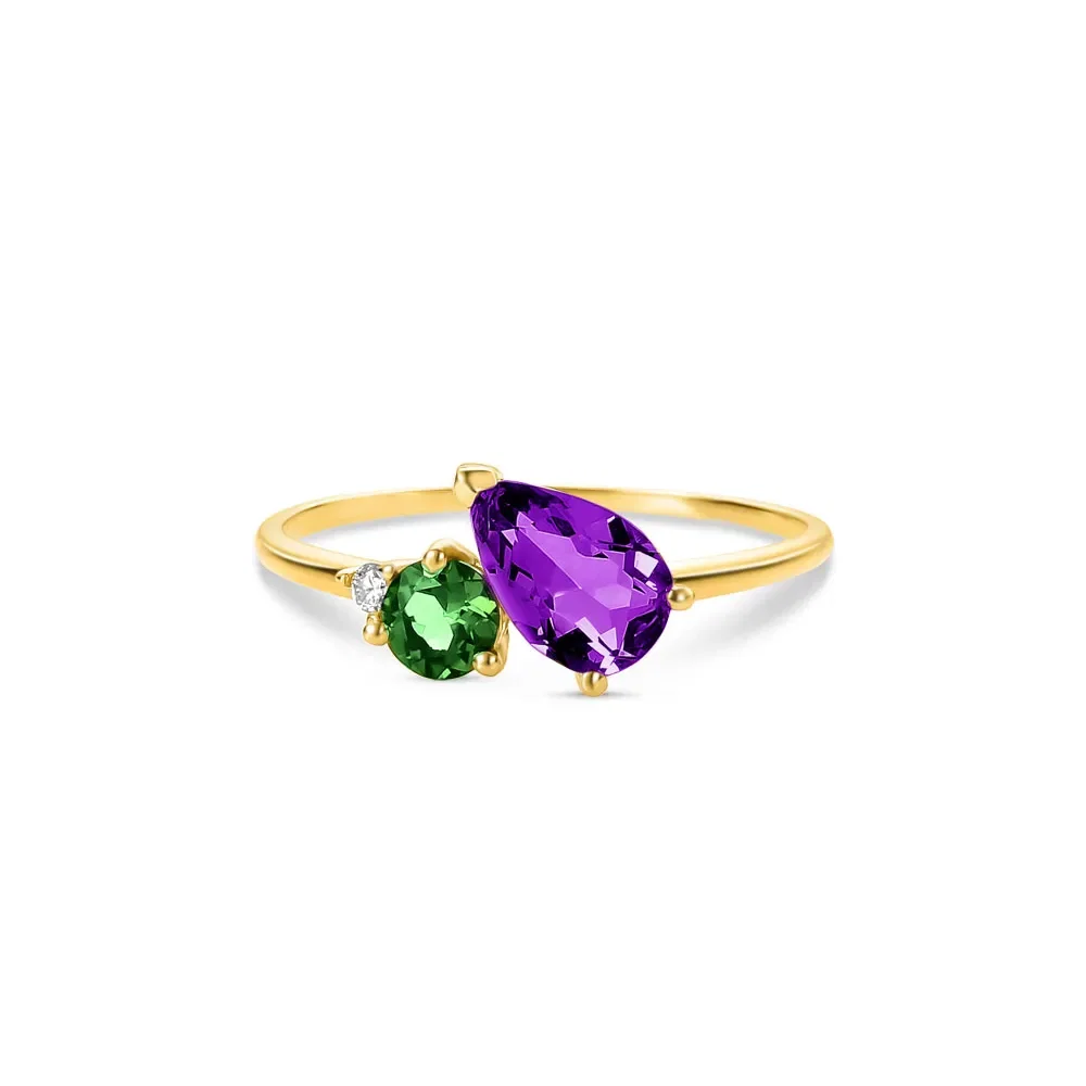 Anel Pietre em Ouro Amarelo 18k com Ametista Roxa, Turmalina Verde e Diamante — imagem 1