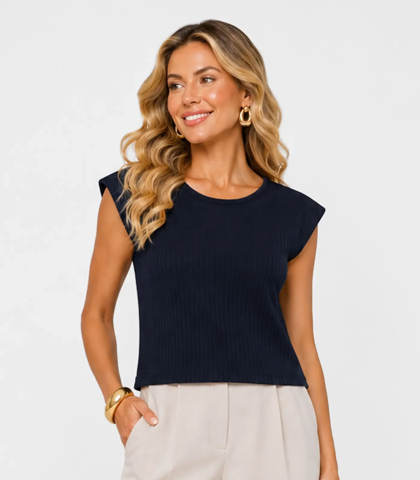 Blusa Feminina Manga Curta Ribana Canelada Rovitex Azul