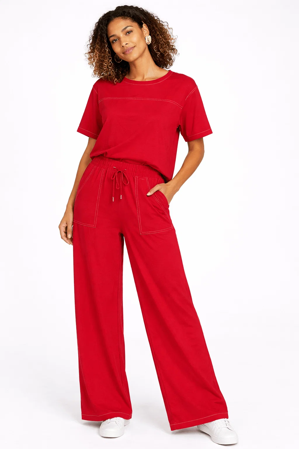 Calça Pantalona Pesponto Contrastante - Vermelho