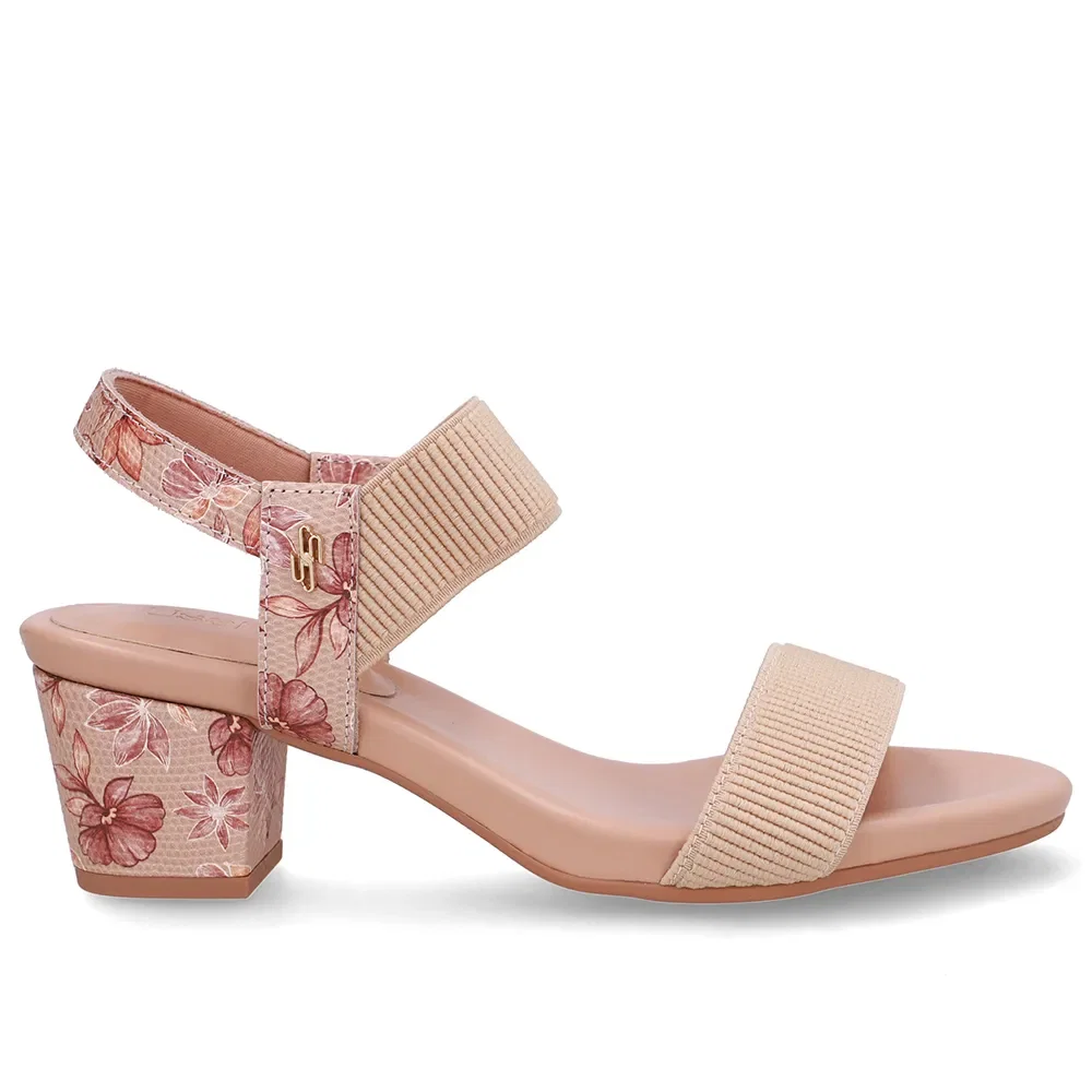 Sandália Salto Bloco Couro Floral Elástico — imagem 1