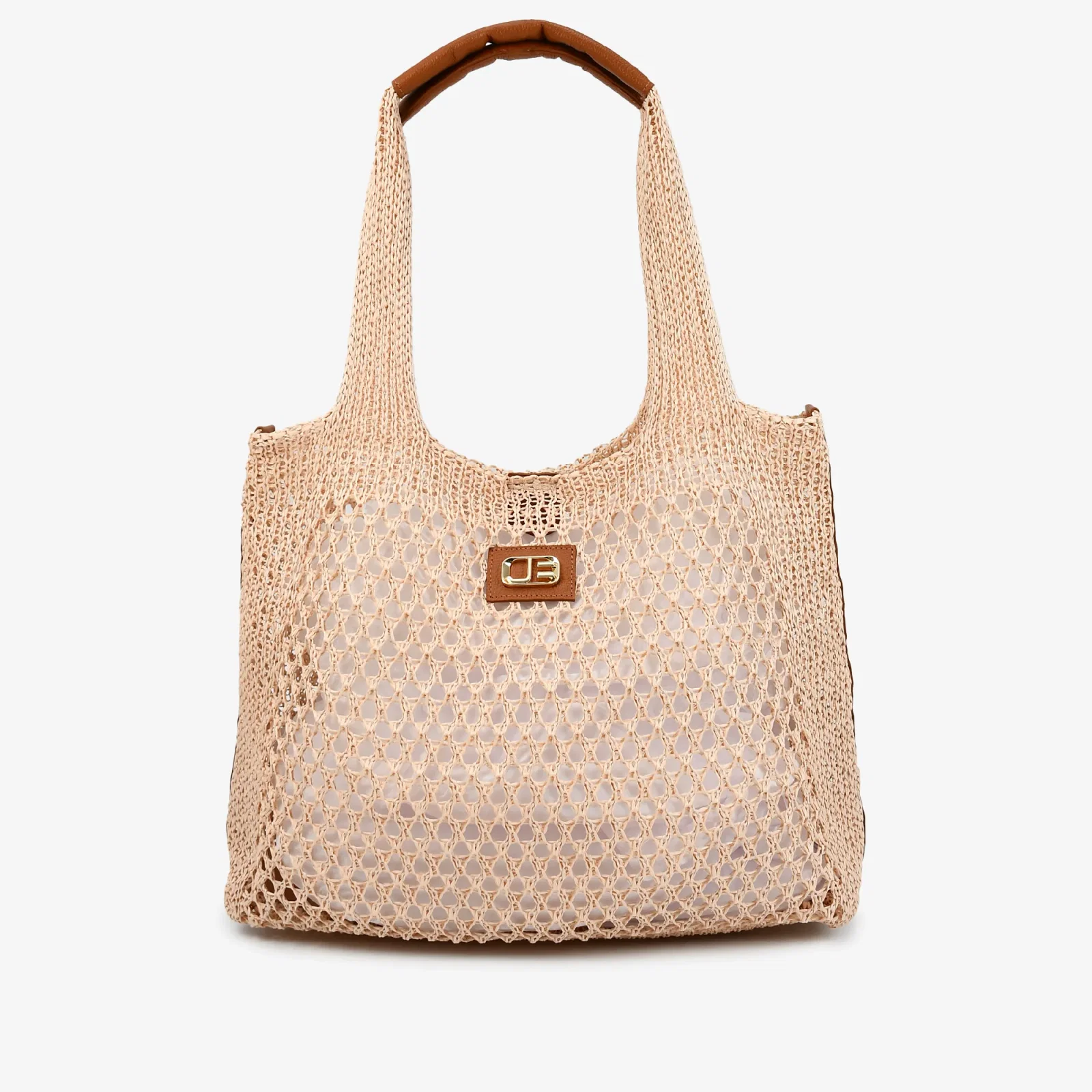 Bolsa Shopping Marrom Ráfia Natural Couro