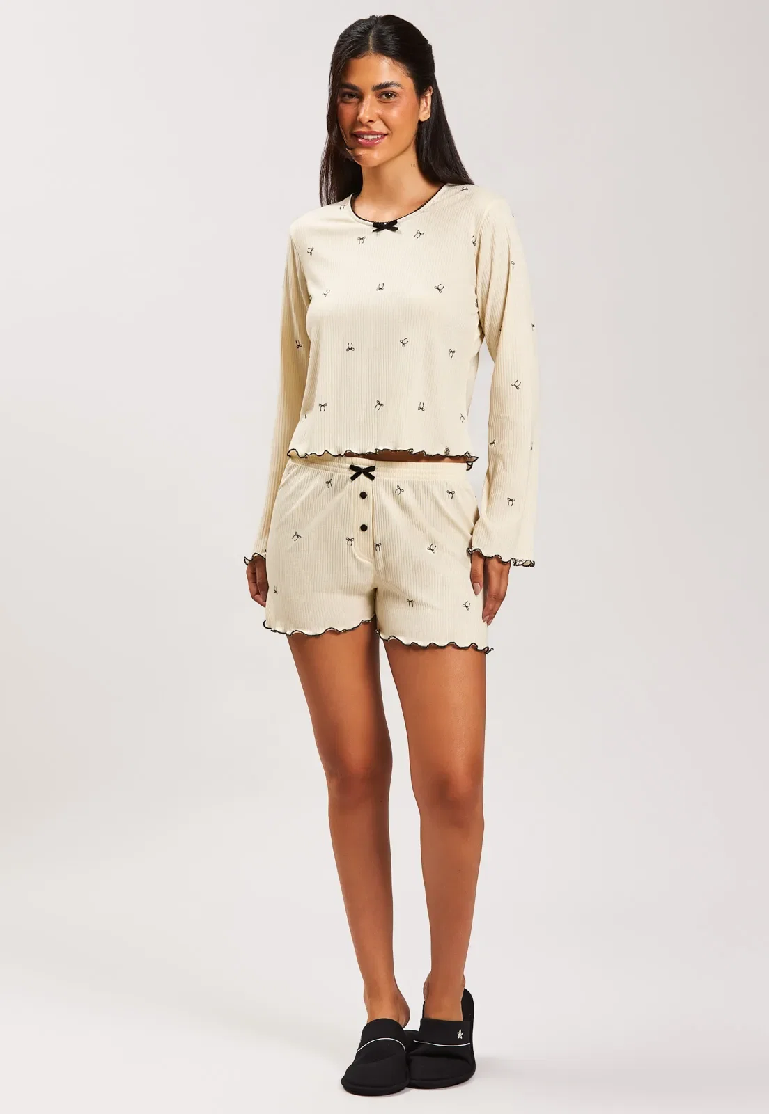 Pijama Longo Com Shorts Malha Canelado Baunilha