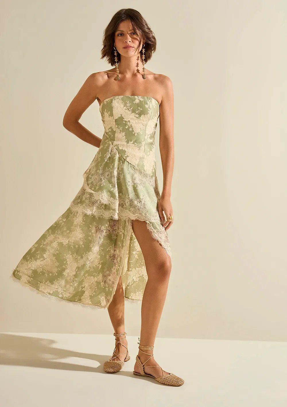 Vestido Morena Rosa Ajustado Decote Reto Sem Manga Midi Verde