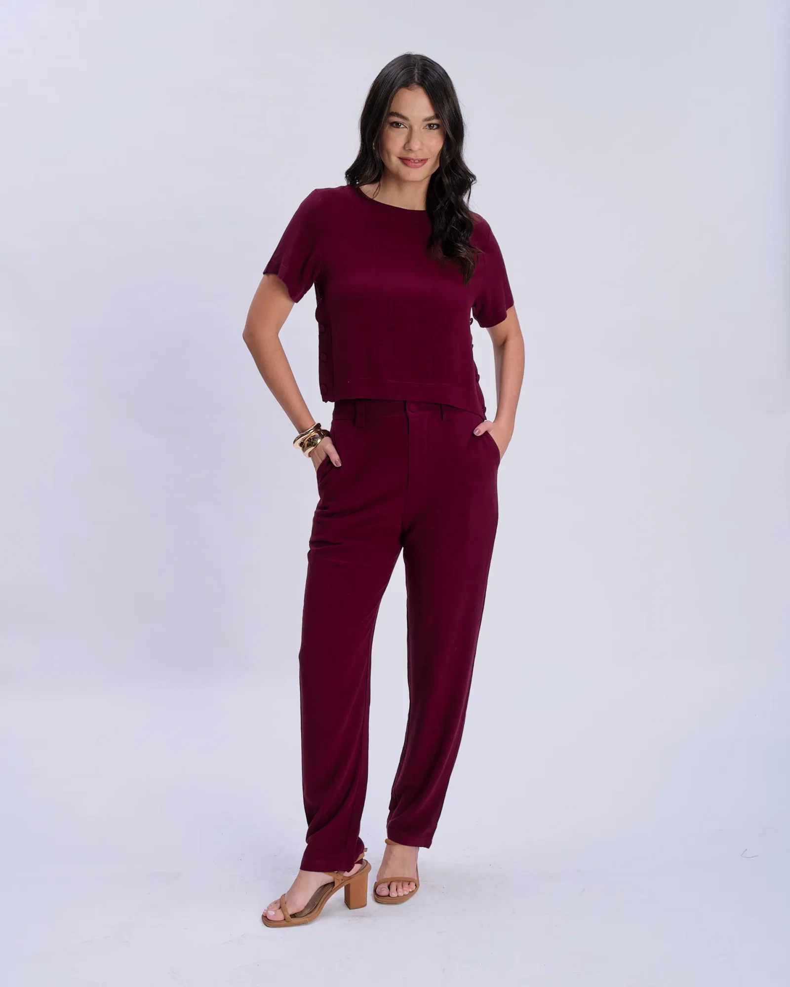 Calça Pantalona Linho Com Botões - Vinho — imagem 1