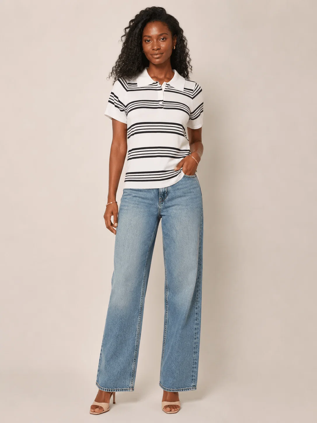 Blusa Tricot Gola Polo Listrada - Branco — imagem 1
