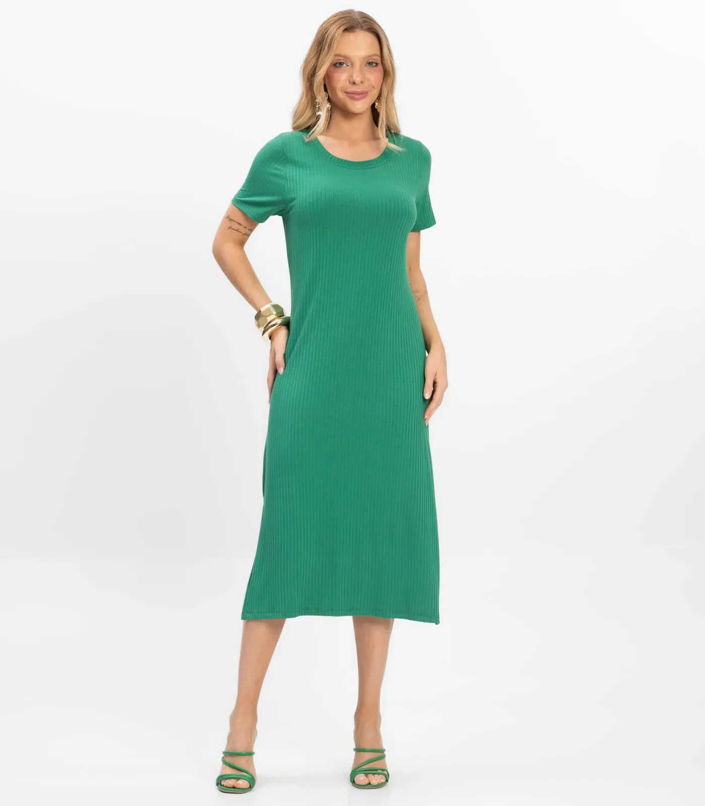 Vestido Midi Ribana Canelada Básico Rovitex Verde — imagem 1