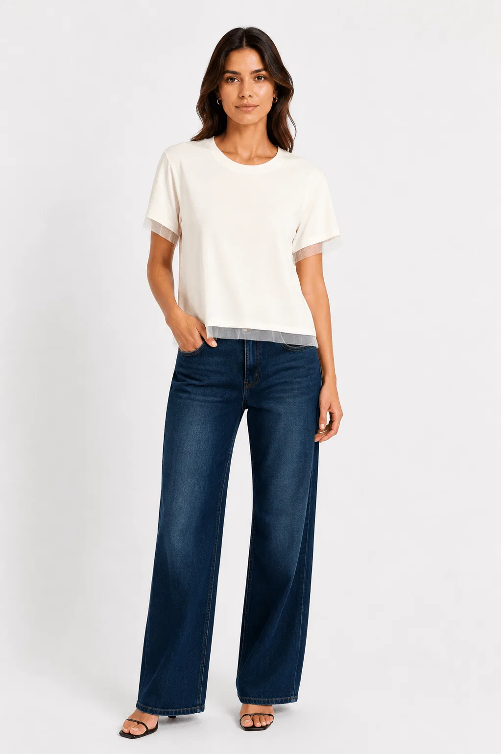 Blusa Manga Curta Detalhe Tule - Branco — imagem 1