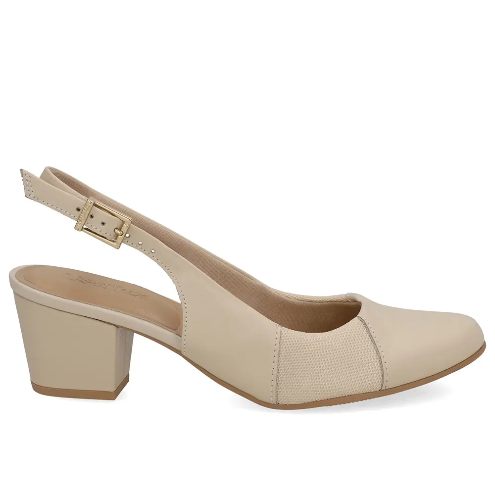 Slingback Couro Bege Salto Bloco Lateral Tecido — imagem 1