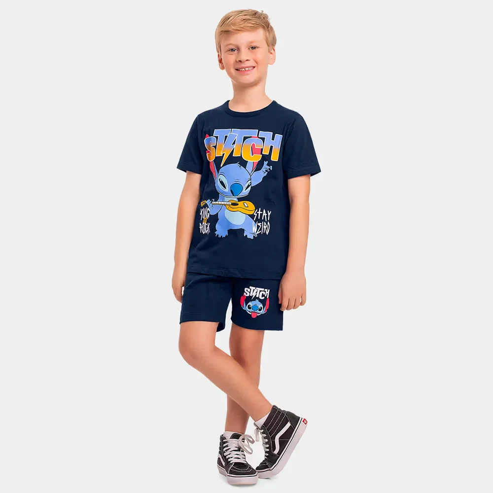 Conjunto infantil camiseta meia malha e bermuda moletinho Stitch