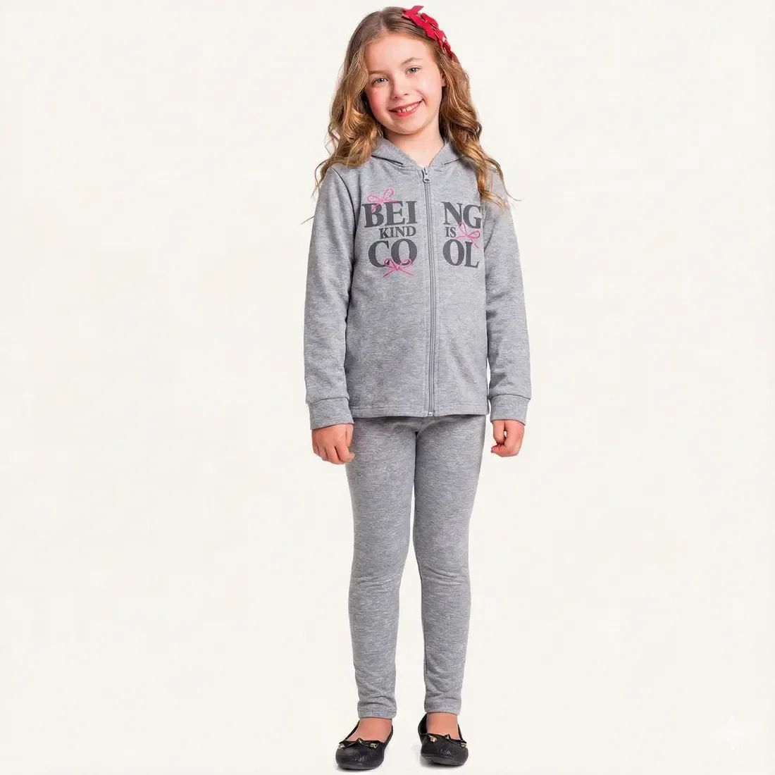 Conjunto jaqueta com capuz em moletom e legging em molecotton lacinhos — imagem 1