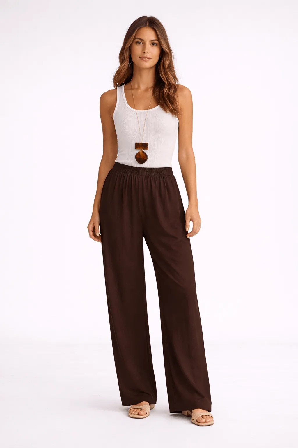 Calça Pantalona Cós Elástico - Marrom Escuro