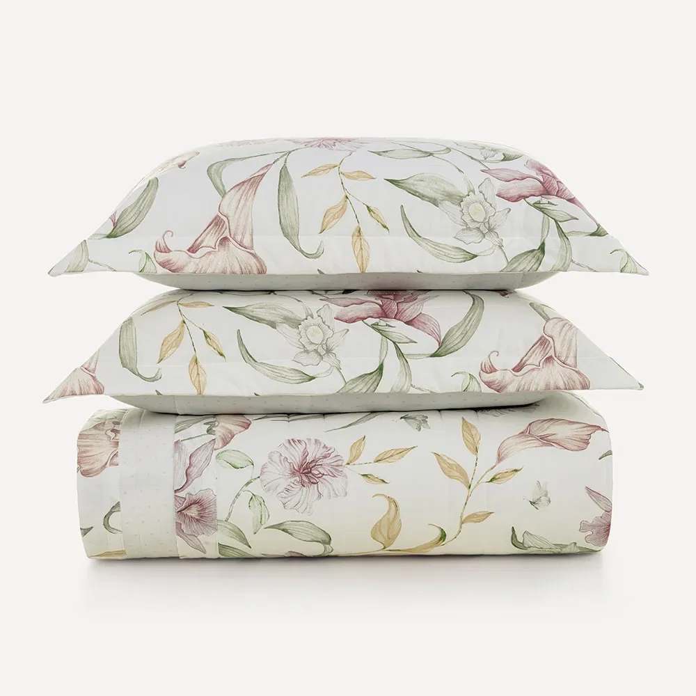Colcha com Porta-travesseiros 200 Fios Estela Branco / Rosa